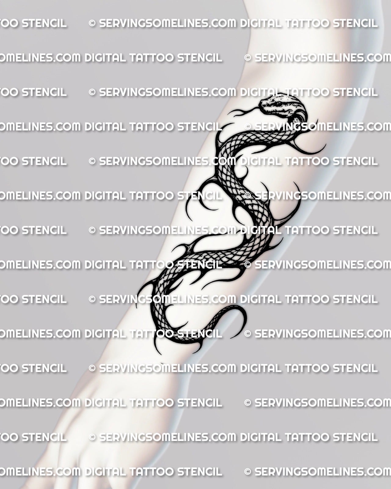 Coiled snake tattoo stencil shown on forearm placement example, long vertical serpent outline that stays readable when resized