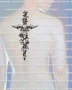 Collage tattoo stencil with emo dagger centerpiece shown on mens back placement example, bold statement fit.