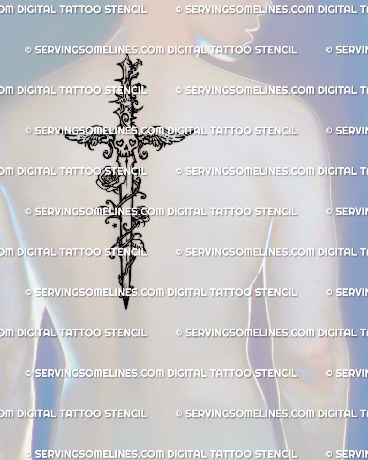Collage tattoo stencil with emo dagger centerpiece shown on mens back placement example, bold statement fit.