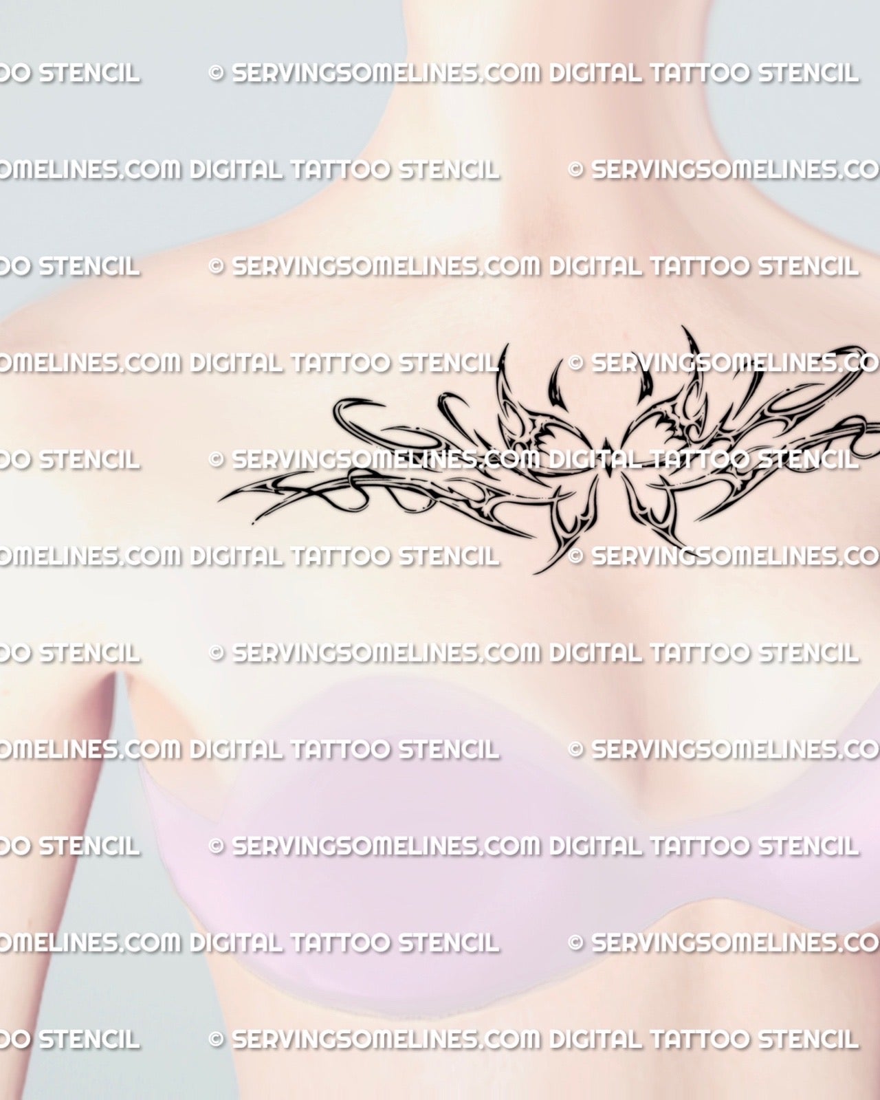 butterfly tribal tattoo on collarbone, gothic wing structure framing the neckline, feminine ornamental placement for women
