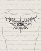 Collarbone eye tattoo shown on feminine chest placement with a central eye and wide cyber ornamental spread