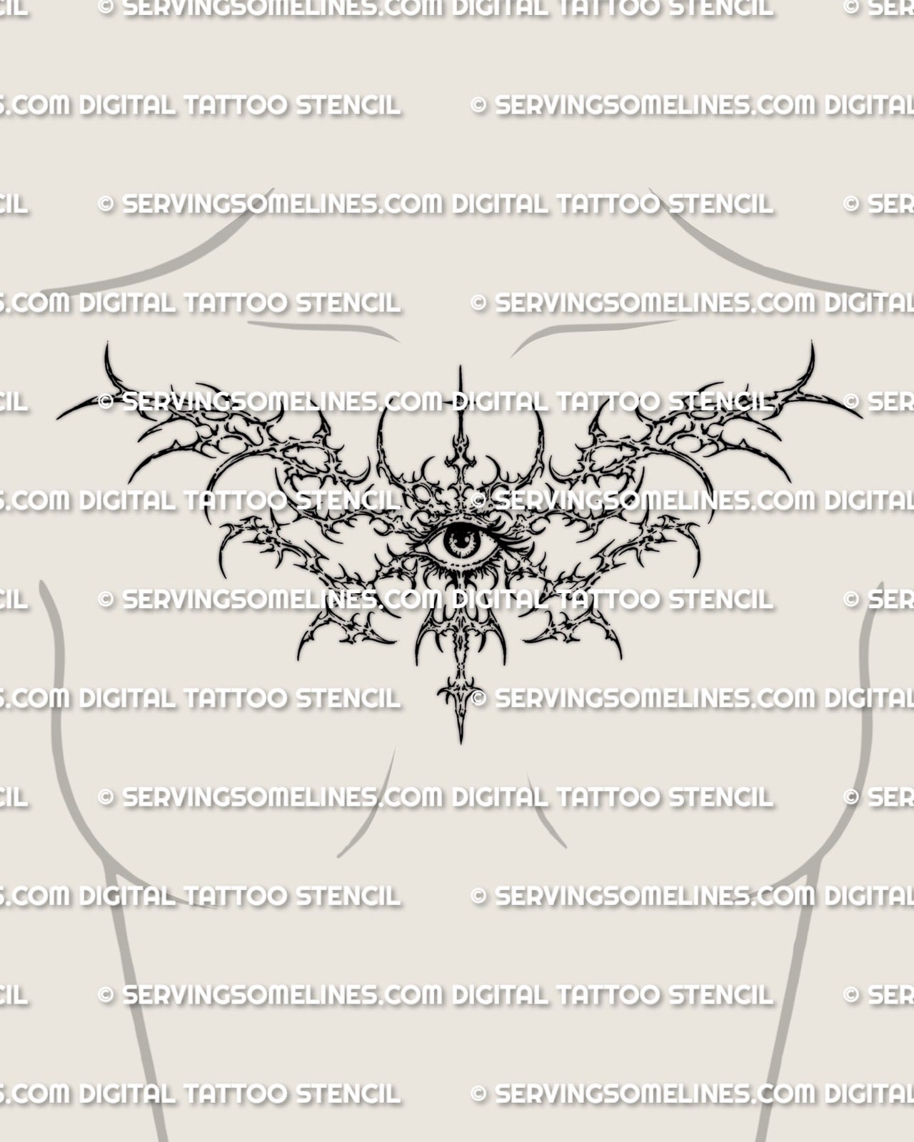 Collarbone eye tattoo shown on feminine chest placement with a central eye and wide cyber ornamental spread