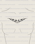 Delicate collarbone heart tattoo stencil for women, sleek neo-tribal cybersigil style design symbolizing emotion and gothic softness.