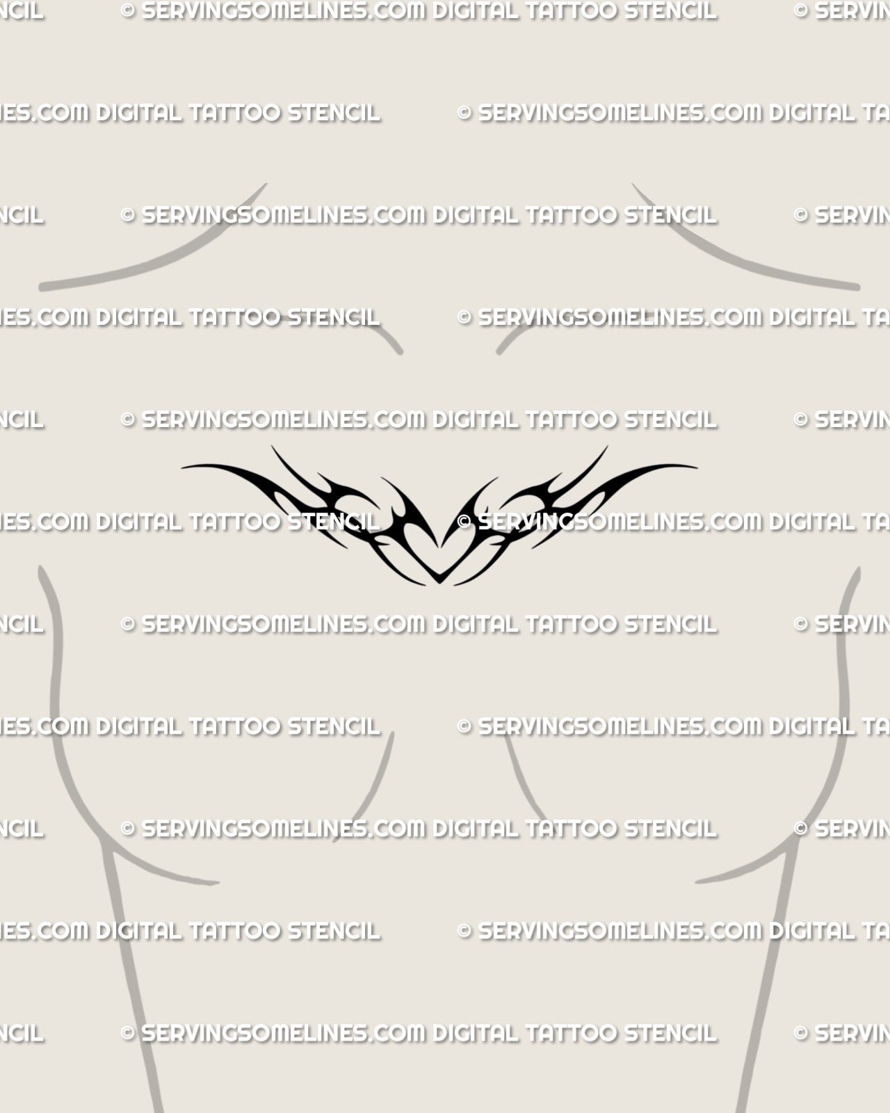Delicate collarbone heart tattoo stencil for women, sleek neo-tribal cybersigil style design symbolizing emotion and gothic softness.