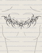 Collarbone star tattoo shown on women’s chest placement with a central starburst and wide cyber ornamental spread