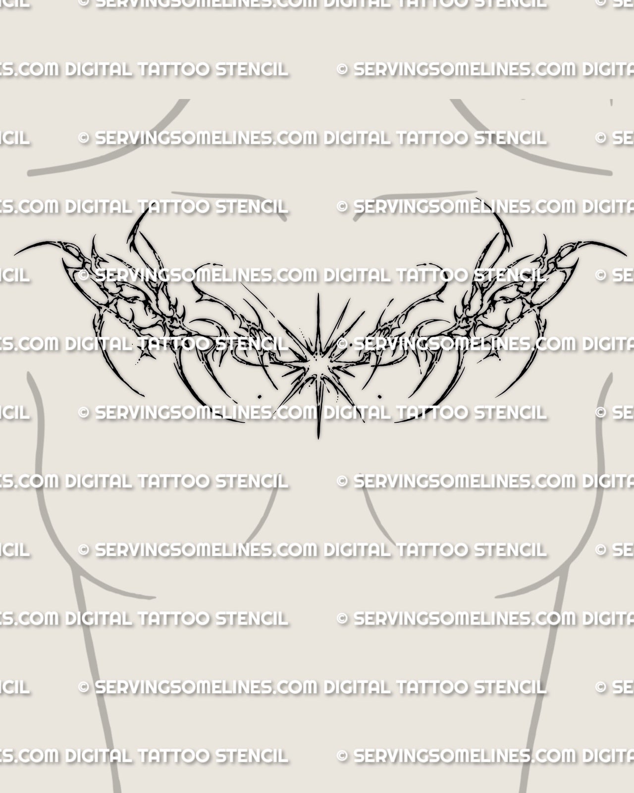 Collarbone star tattoo shown on women’s chest placement with a central starburst and wide cyber ornamental spread