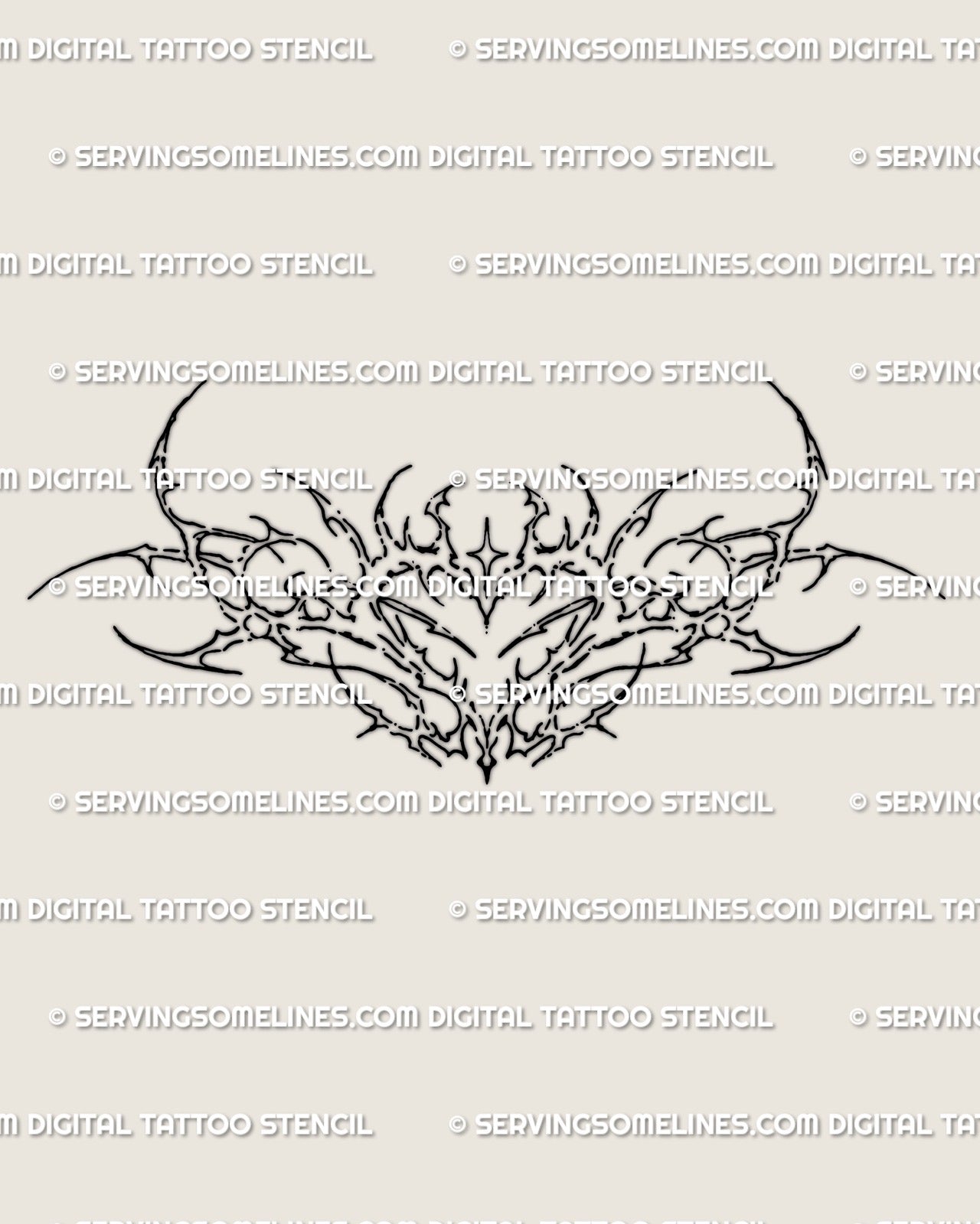 Compact cybersigilism lower back tattoo stencil shown as a full design layout, with a centered sigil shape and pointed cyber detail.
