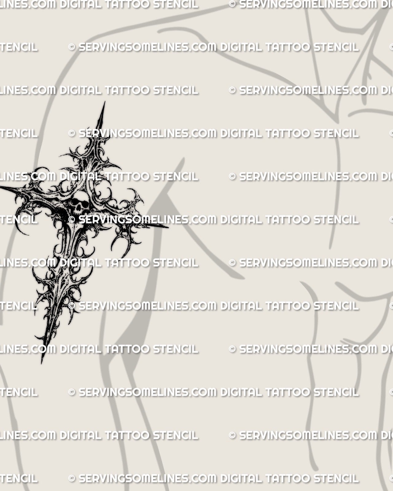 Compact skull cross tattoo stencil scaled for bicep placement with dense gothic detailing and crisp transfer
