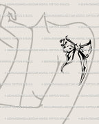 Coquette bow tattoo stencil shown on girls arm placement example, dark ornamental ribbon shape with download files.