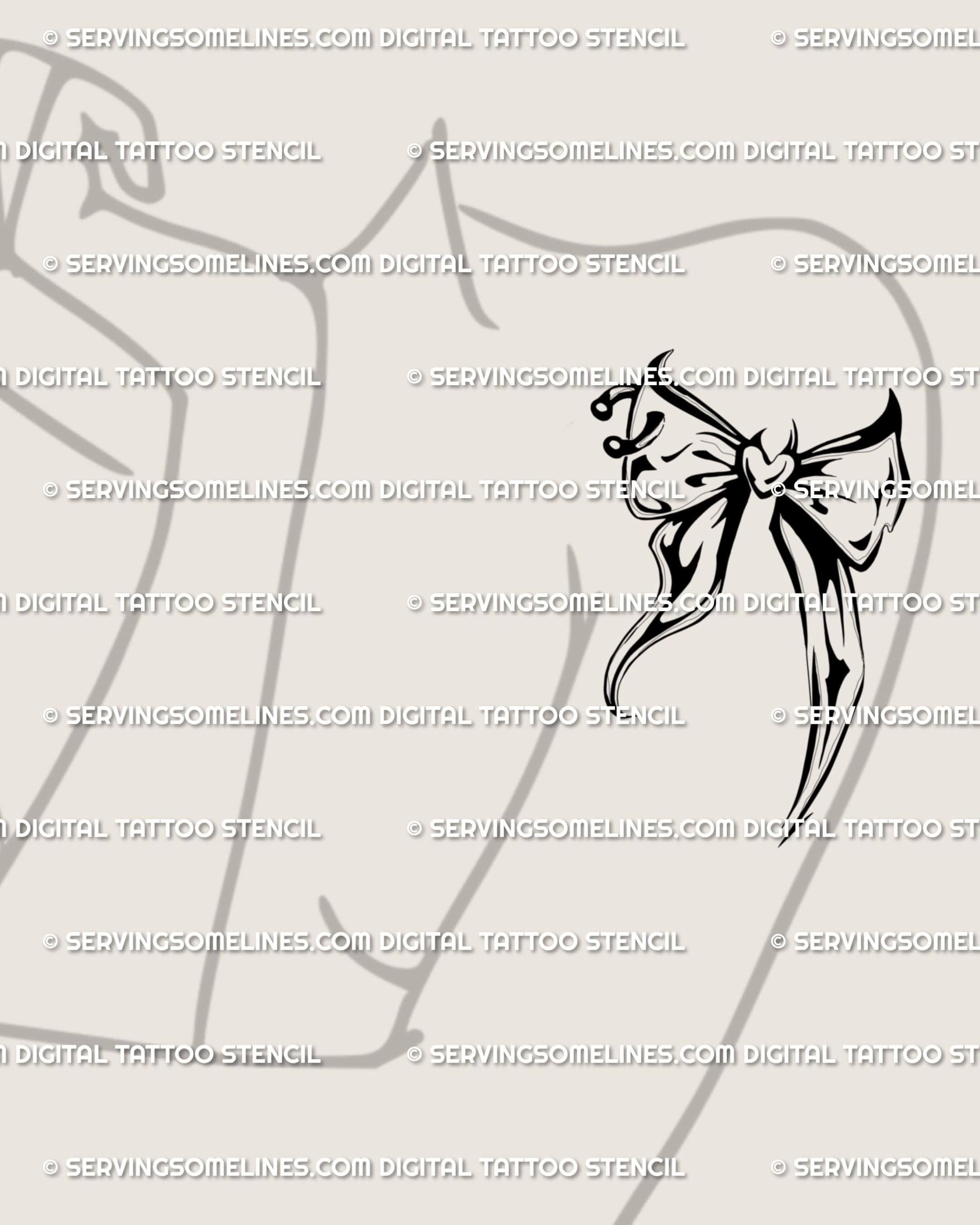 Coquette bow tattoo stencil shown on girls arm placement example, dark ornamental ribbon shape with download files.