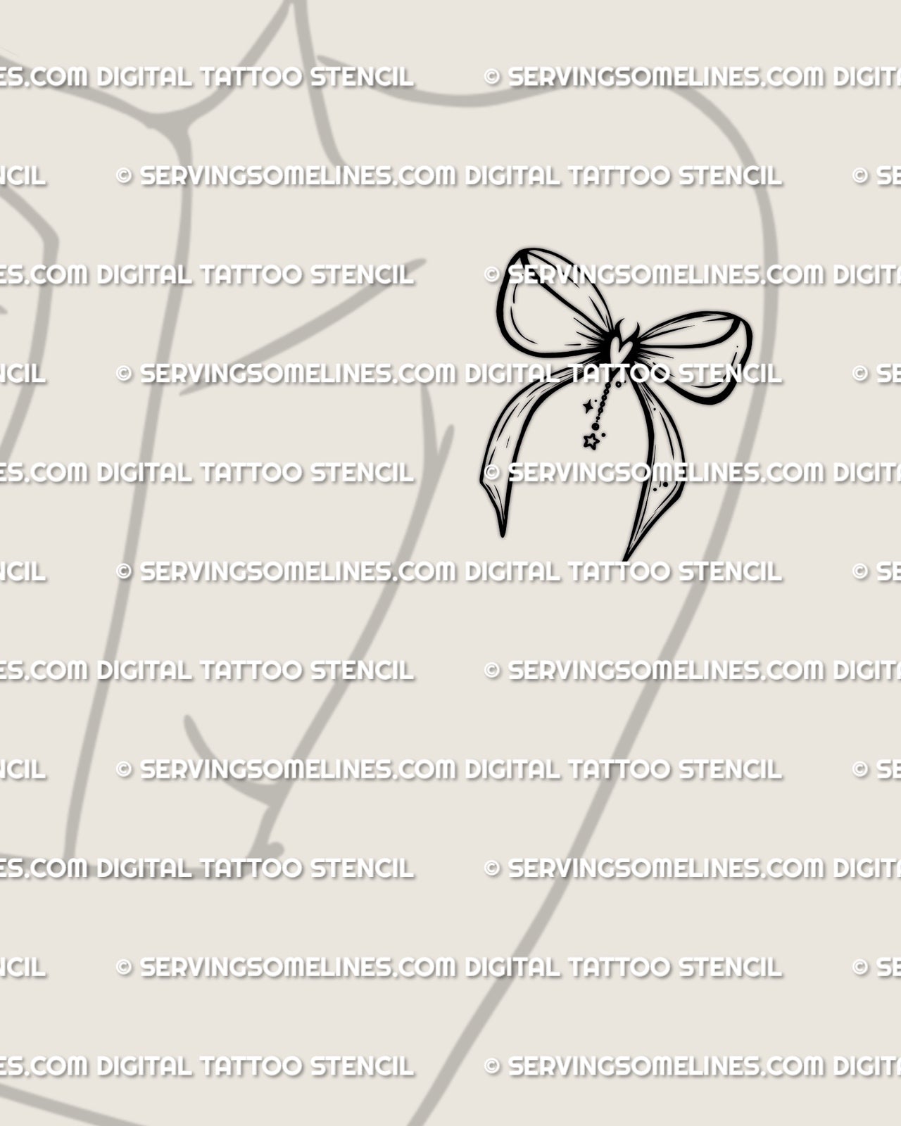 woman wearing a small gothic bow tattoo stencil with devil heart detailing displayed on shoulder placement for feminine coquette style