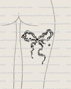 coquette bow tattoo stencil shown on woman’s thigh, fluid marble ribbon design with abstract watery flow and soft feminine energy 