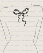 liquid marble coquette tattoo displayed on upper back, wavy ribbon design with flowing lines and fluid feminine marble tattoo style 