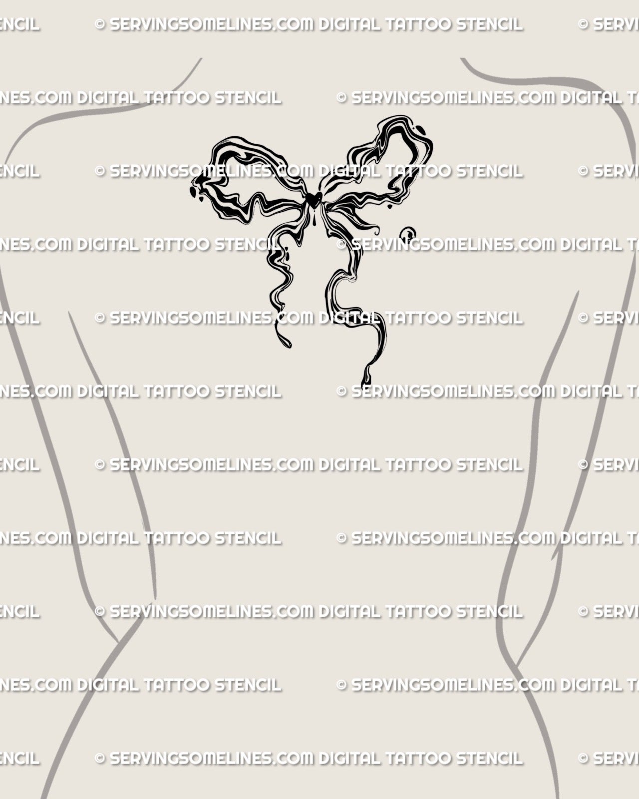 liquid marble coquette tattoo displayed on upper back, wavy ribbon design with flowing lines and fluid feminine marble tattoo style 