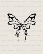 Girly cybersigilism ribbon bow tattoo stencil with heart and horns, abstract neotribal butterfly line art for cute feminine tattoo design.