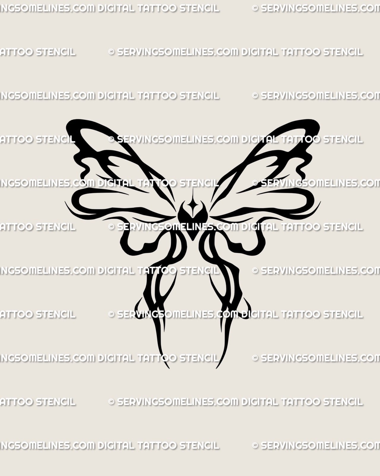Girly cybersigilism ribbon bow tattoo stencil with heart and horns, abstract neotribal butterfly line art for cute feminine tattoo design.