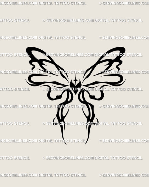 Girly cybersigilism ribbon bow tattoo stencil with heart and horns, abstract neotribal butterfly line art for cute feminine tattoo design.