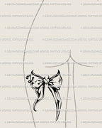 Back-of-thigh placement showcasing a laced bow in sharp blackwork; a coquette ribbon tattoo stencil with subtle neo-tribal edges, feminine but edgy, provided as a printable, resize-ready download.