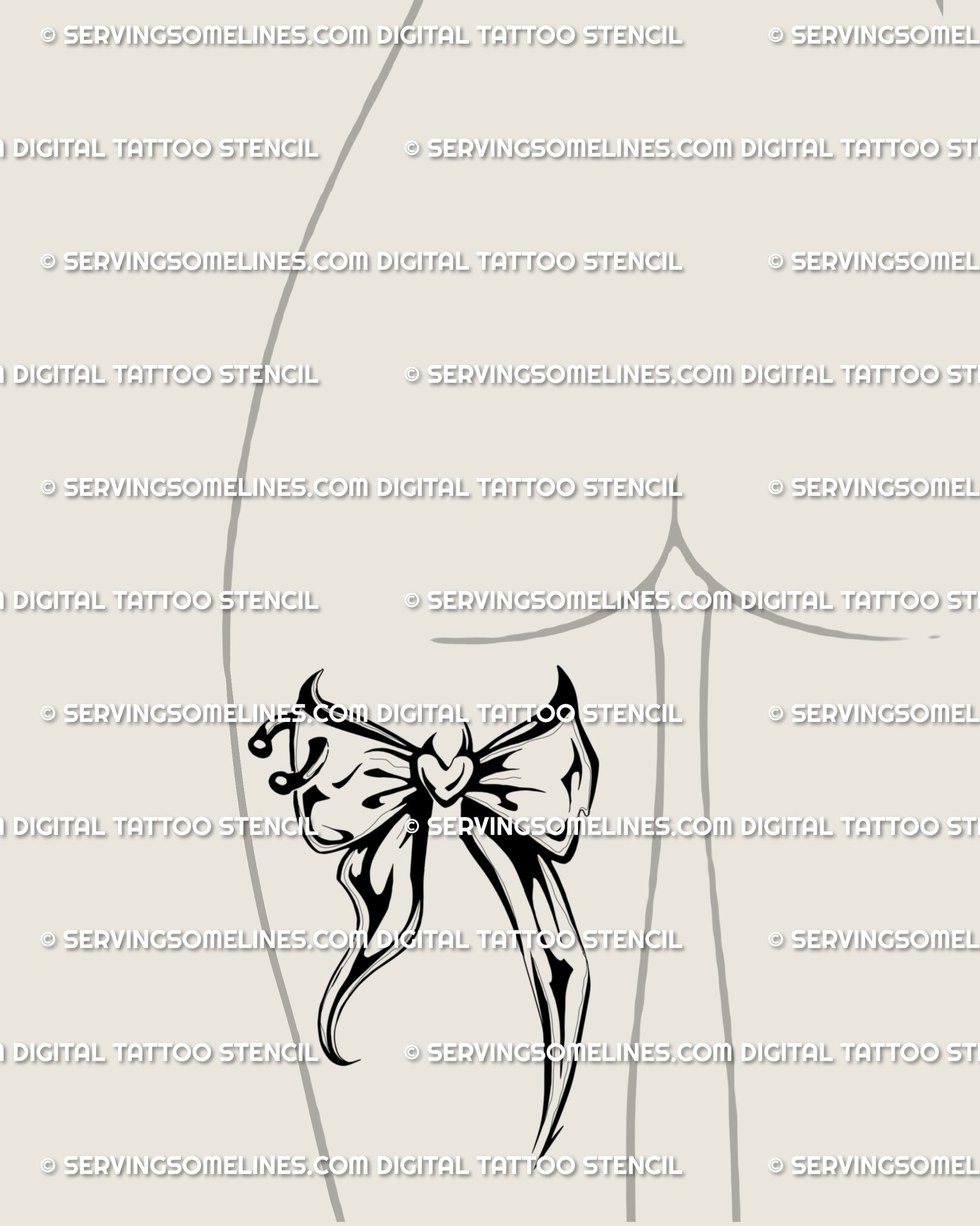 Back-of-thigh placement showcasing a laced bow in sharp blackwork; a coquette ribbon tattoo stencil with subtle neo-tribal edges, feminine but edgy, provided as a printable, resize-ready download.
