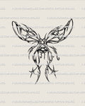 Corset bow butterfly wings tattoo stencil with fairycore stars and ribbon lace, neotribal outlines for feminine gothic linework.