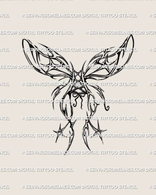 Corset bow butterfly wings tattoo stencil with fairycore stars and ribbon lace, neotribal outlines for feminine gothic linework.