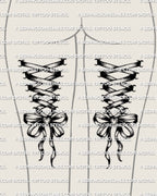 Corset leg tattoo stencils shown on both back of the thighs placement for women, mirrored set idea, ribbon lace up corset with bow finish.