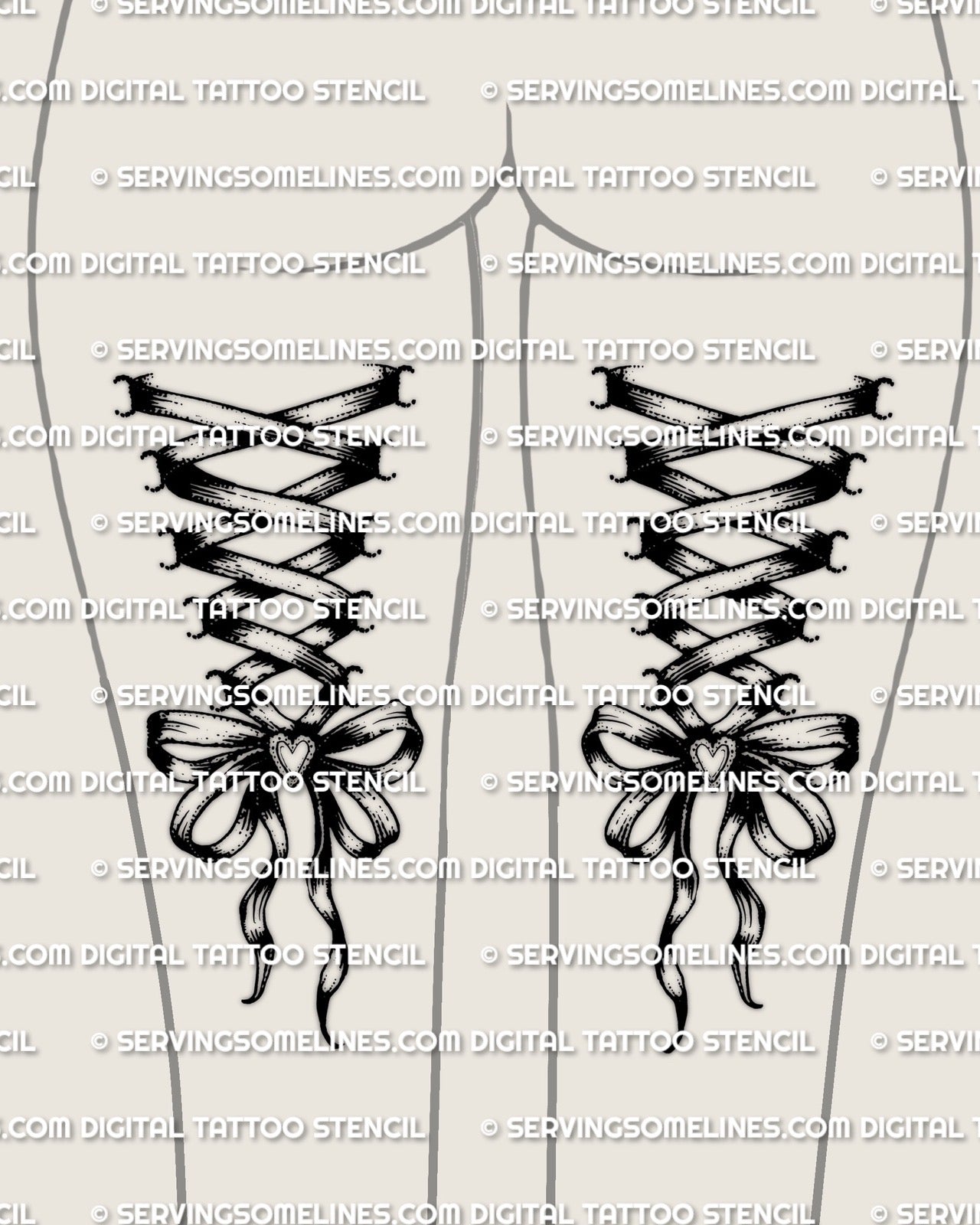 Corset leg tattoo stencils shown on both back of the thighs placement for women, mirrored set idea, ribbon lace up corset with bow finish.