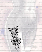 Corset tattoo on back of legs stencil displayed on women’s hip placement example, ribbon lacing and bow detail with a dark ornamental feel.