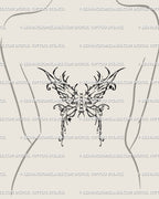 Fairy wings tattoo stencil styled like a corset on mid back, butterfly with lace-up ribbon bow in cyber sigil gothic line art for unique symmetry.