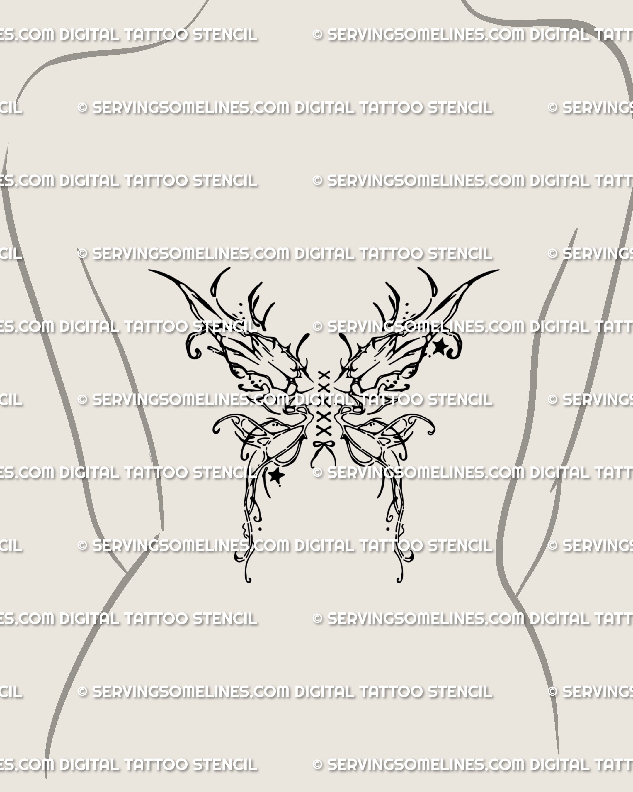 Fairy wings tattoo stencil styled like a corset on mid back, butterfly with lace-up ribbon bow in cyber sigil gothic line art for unique symmetry.