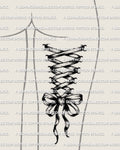 Corset tattoo on back of legs stencil shown on back of thigh placement, ribbon lace up corset with bow and heart detail.