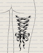 Corset tattoo on back of legs stencil shown on back of thigh placement, ribbon lace up corset with bow and heart detail.