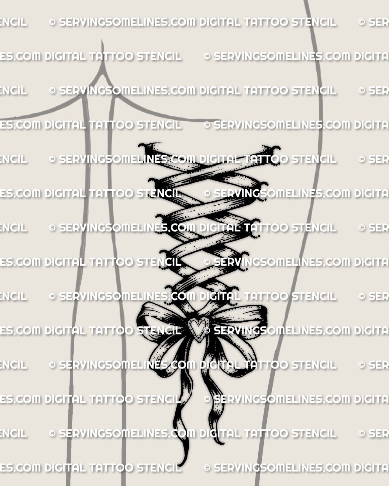 Corset tattoo on back of legs stencil shown on back of thigh placement, ribbon lace up corset with bow and heart detail.