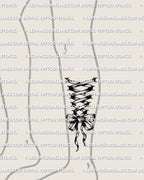 Corset tattoo stencil preview shown on lower leg calf placement, vertical lace up ribbon corset with bow, easy to resize.