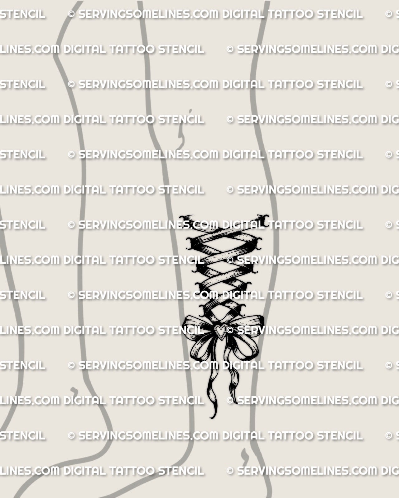 Corset tattoo stencil preview shown on lower leg calf placement, vertical lace up ribbon corset with bow, easy to resize.