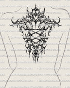 Corset tattoo stencil shown on upper back placement, tapered spine corset with cyber-ornamental edges, feminine fit.