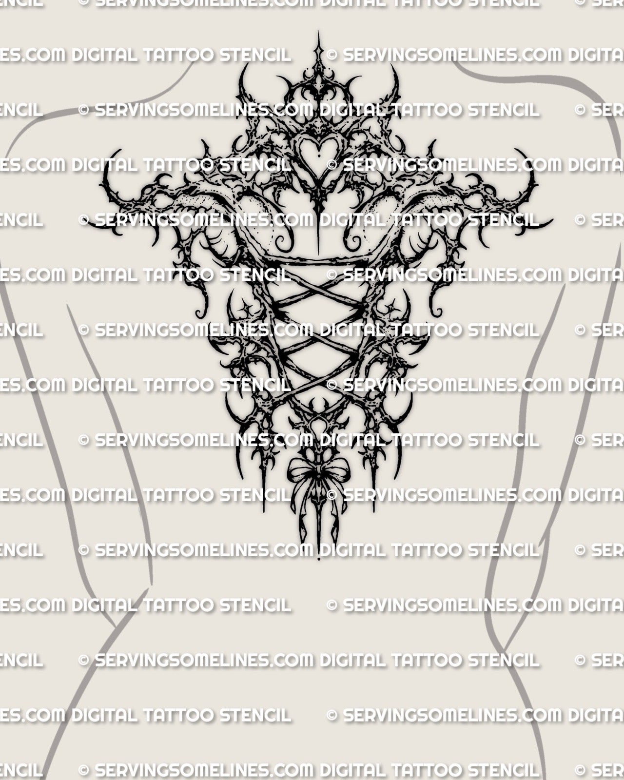 Corset tattoo stencil shown on upper back placement, tapered spine corset with cyber-ornamental edges, feminine fit.