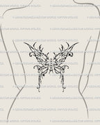 Corset wings tattoo stencil displayed on women’s mid back placement preview, centered whimsical wing design with printable files.