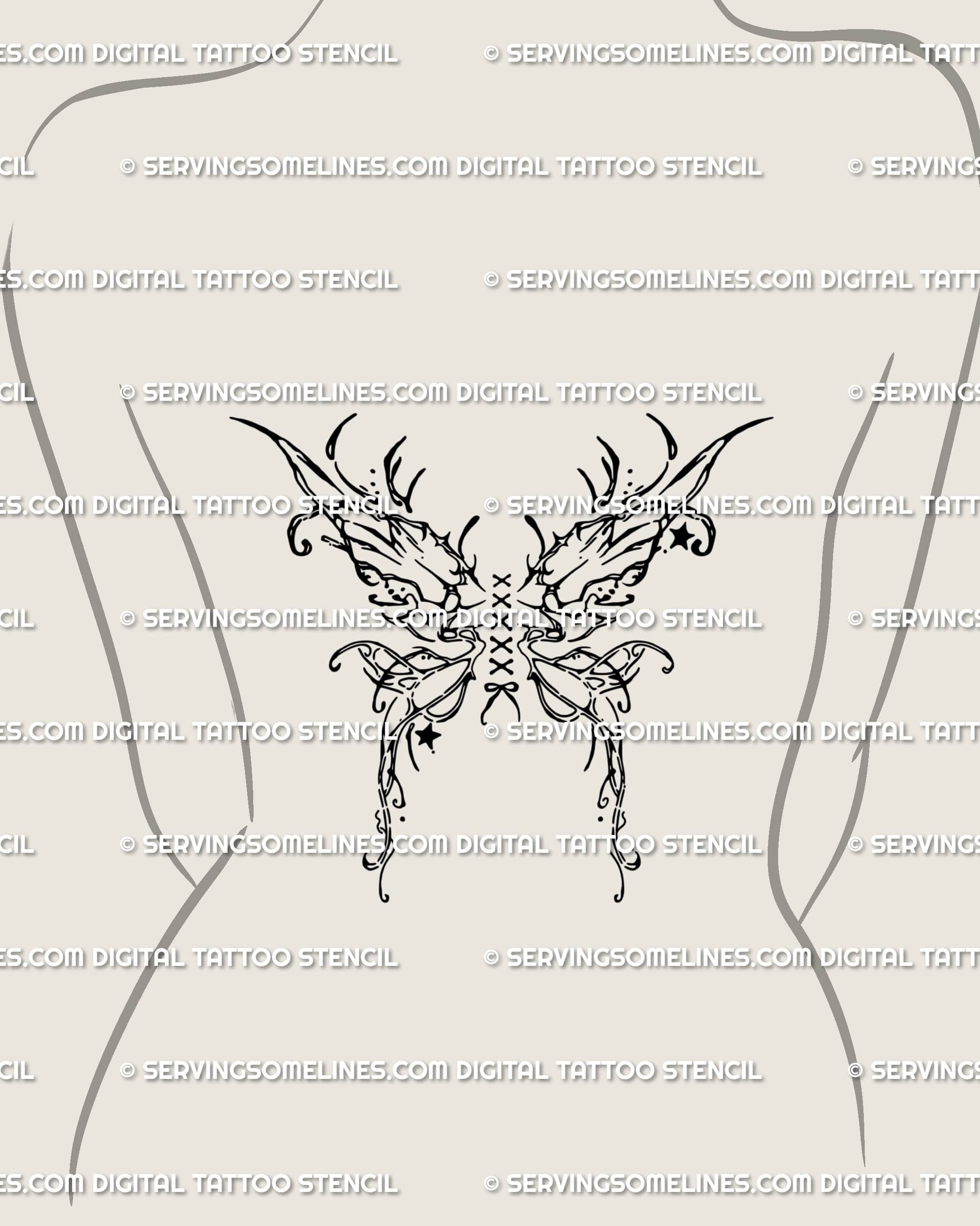 Corset wings tattoo stencil displayed on women’s mid back placement preview, centered whimsical wing design with printable files.