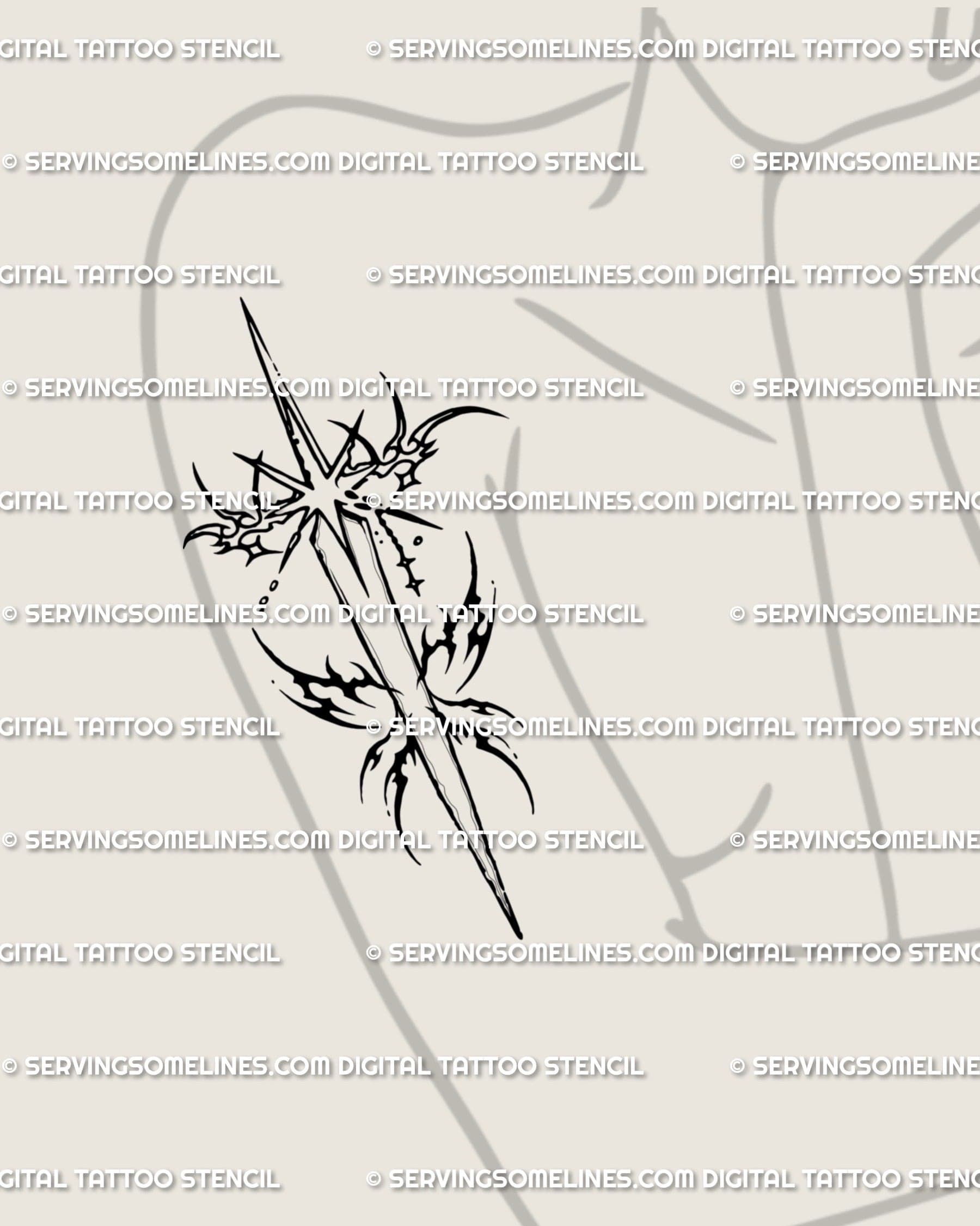Cosmic dagger tattoo stencil shown on women’s arm placement, starburst crossguard and curved flare points.