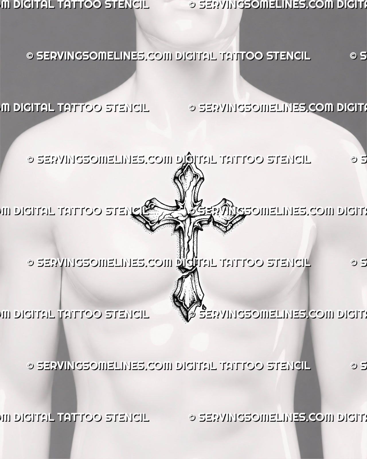 Cracked cross tattoo design displayed on men's center chest with sharp points, damaged surface lines, and bold dark contrast.