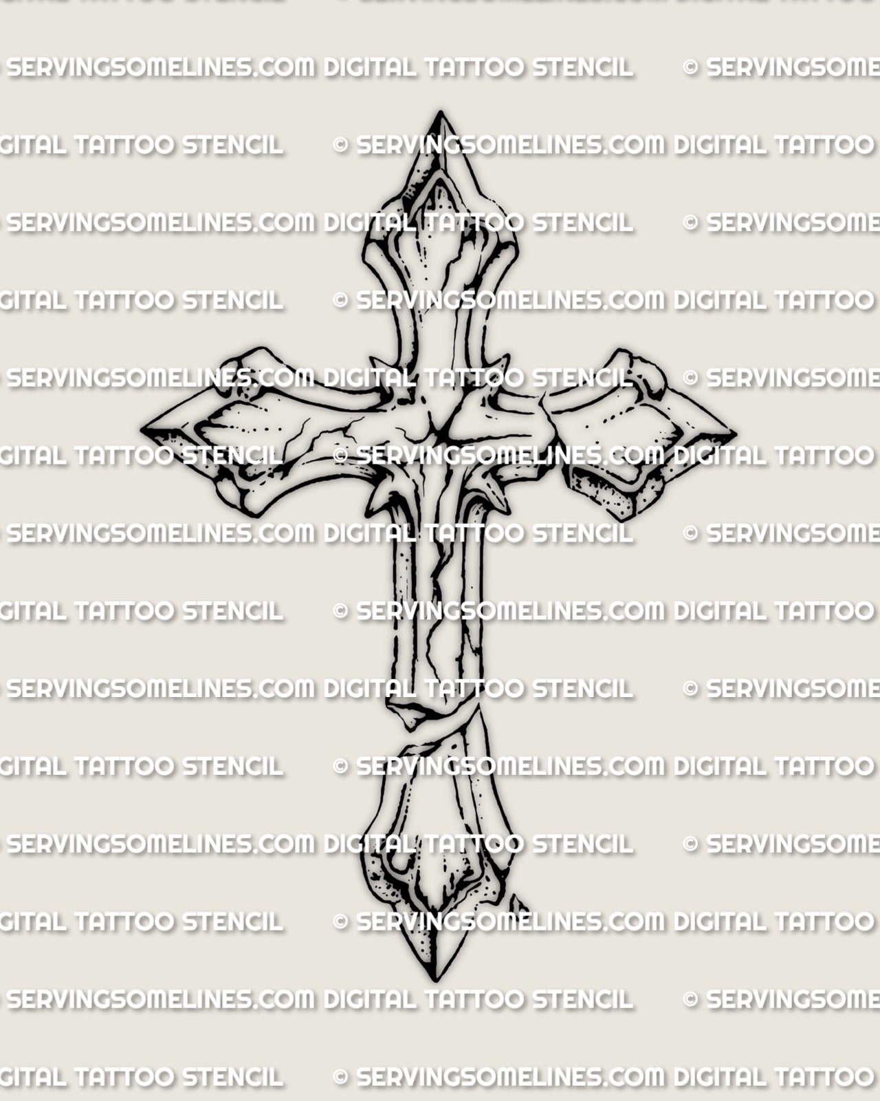 Distressed cross stencil file, cracked blackwork cross with chipped edges, high contrast design only, light background.