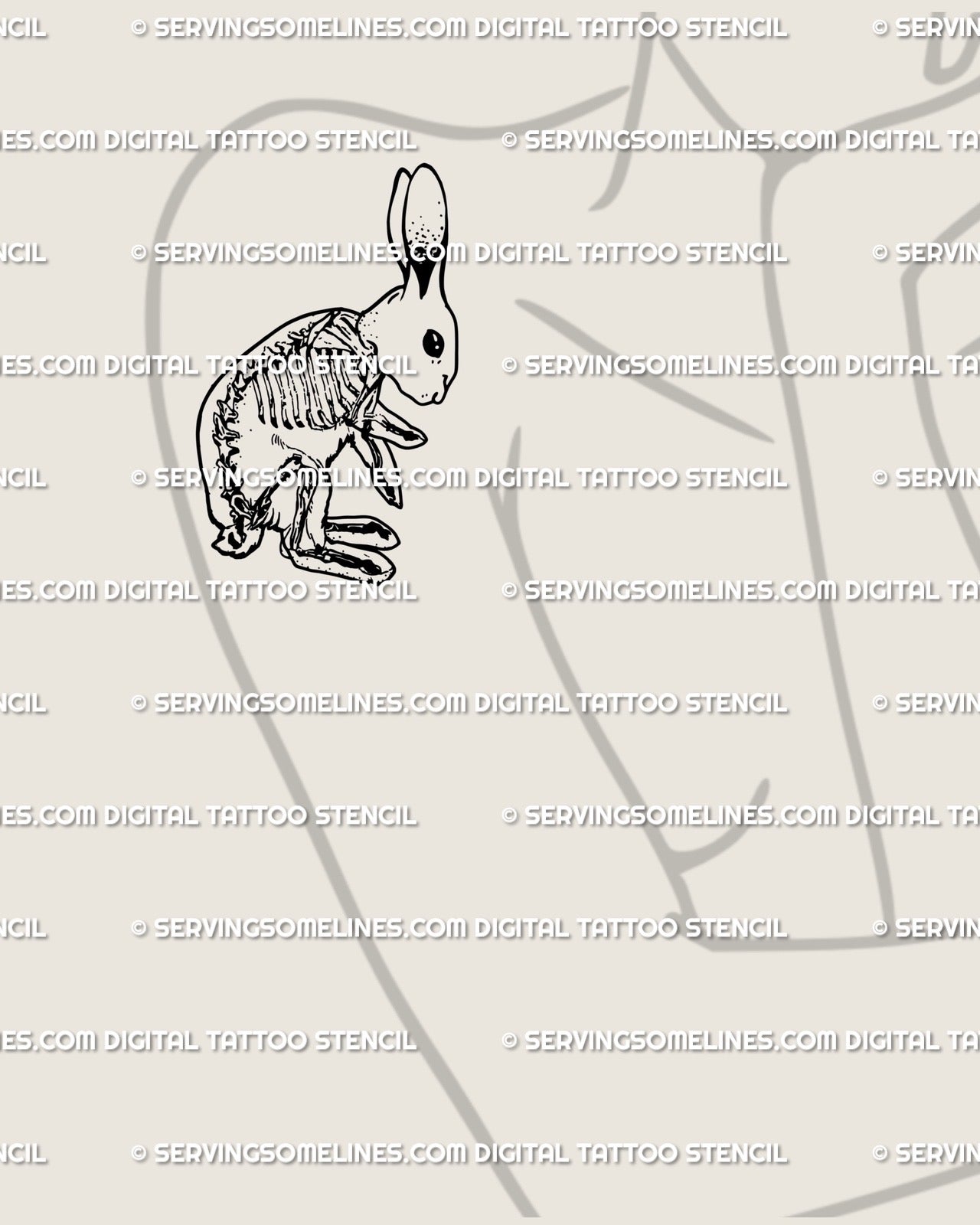 Creepy cute bunny bones tattoo displayed on woman’s arm, small fineline gothic rabbit digital stencil flash. 