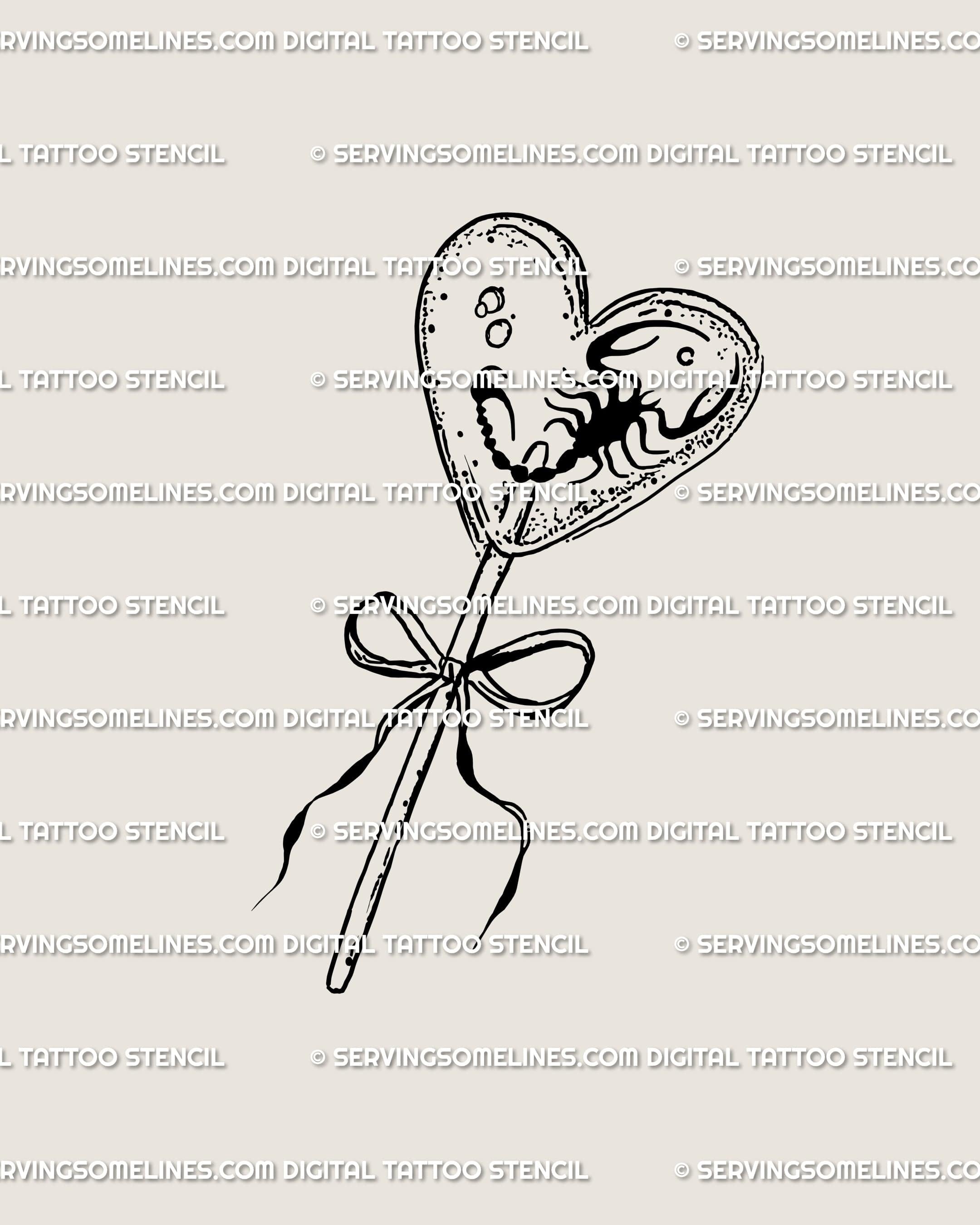 Creepy candy tattoo stencil showing heart lollipop design with scorpion and bow, a dark sweet tattoo design for cute goth aesthetics.