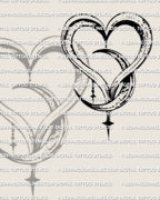 Crescent moon heart tattoo with looping ribbon outline, dot texture shading, dangling bead charm, clean negative space for stencil transfer.