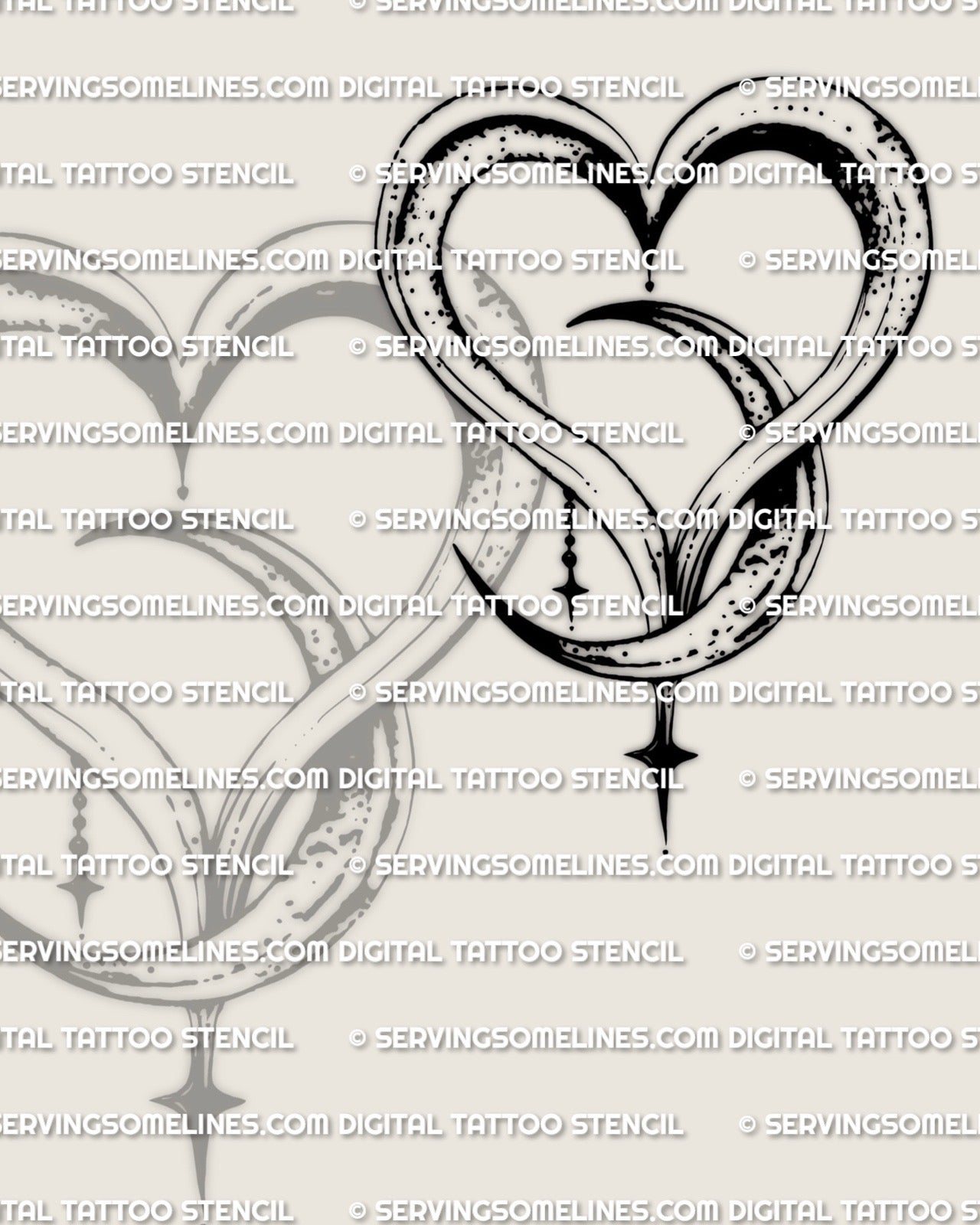 Crescent moon heart tattoo with looping ribbon outline, dot texture shading, dangling bead charm, clean negative space for stencil transfer.