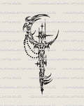 Moon key tattoo stencil, crescent head with cyber tribal spikes, displayed as design preview on white background.