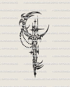 Moon key tattoo stencil, crescent head with cyber tribal spikes, displayed as design preview on white background.