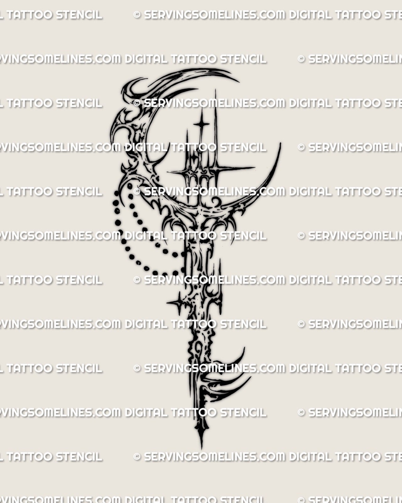 Moon key tattoo stencil, crescent head with cyber tribal spikes, displayed as design preview on white background.