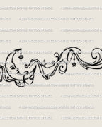 Close detail of the crescent moon lower back tattoo, showing the moon face, side curves, and lower point detail.